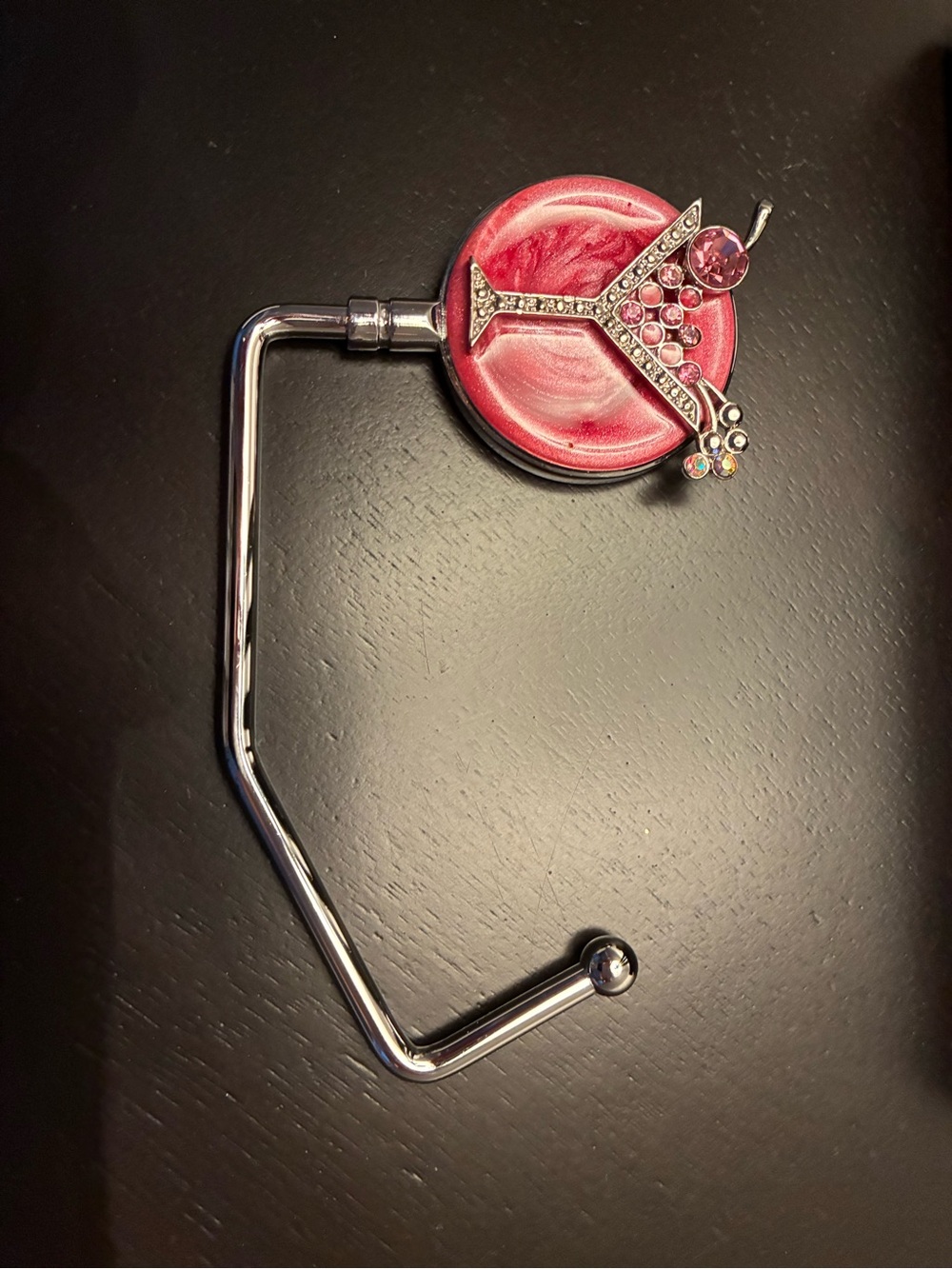 Pink Swirl Enamel Purse Hook with Rhinestone Cosmo Cocktail Charm - Excellent